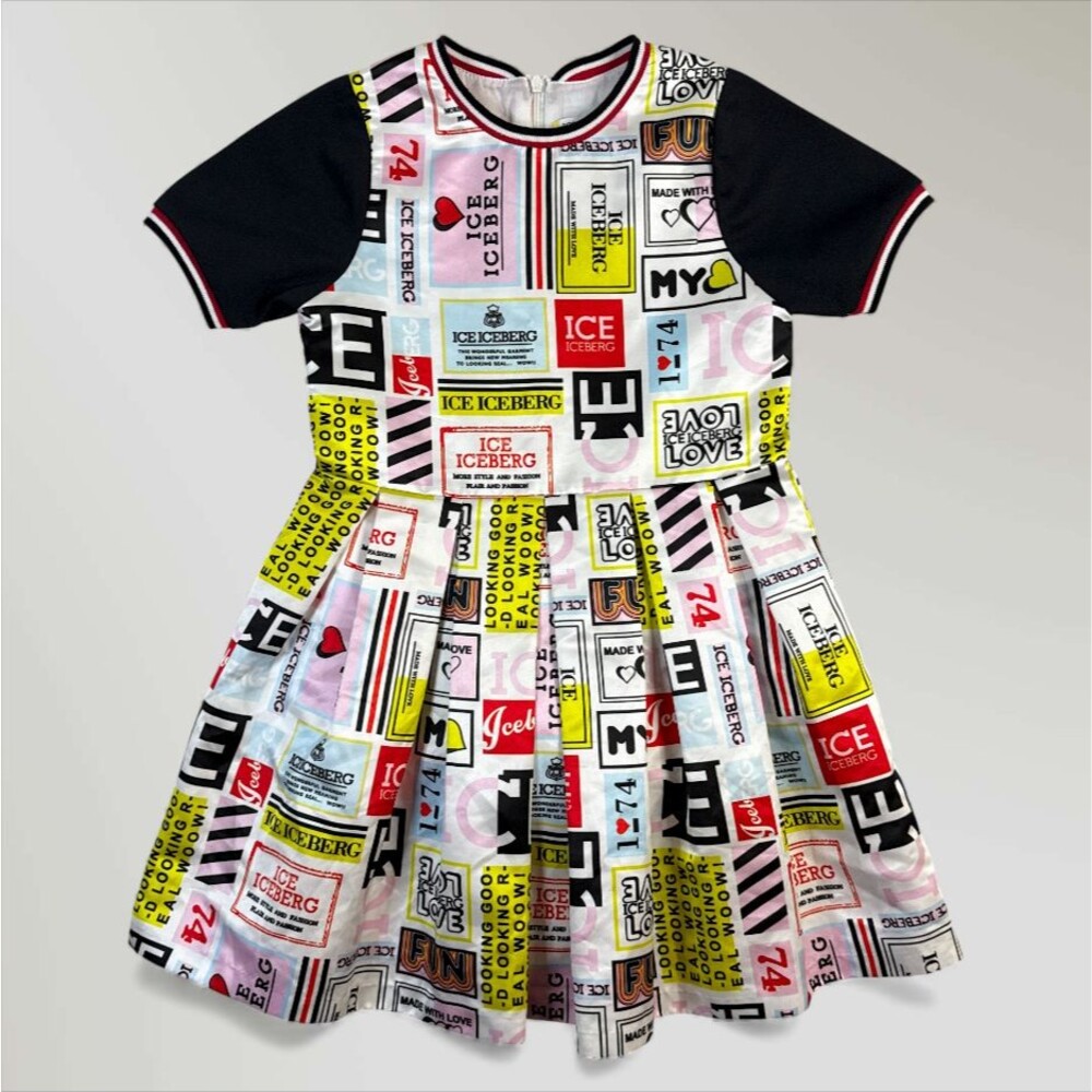 Iceberg Girl's Short Sleeve Flare Dress Signs All Over Graphic Print Sz Lrg